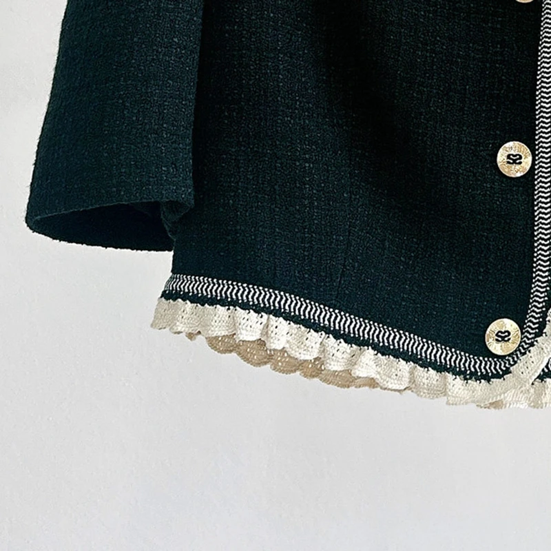 

2023 Autumn New Women U-neck Tweed Lace Puff Sleeve Short Coat