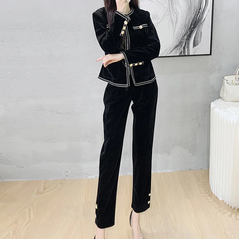 

2023 Women Fall Trousers Set Runway Vintage Elegant Chic Buttons Full Sleeve Velour Jacket High Waist Pants Suit Office Outfits