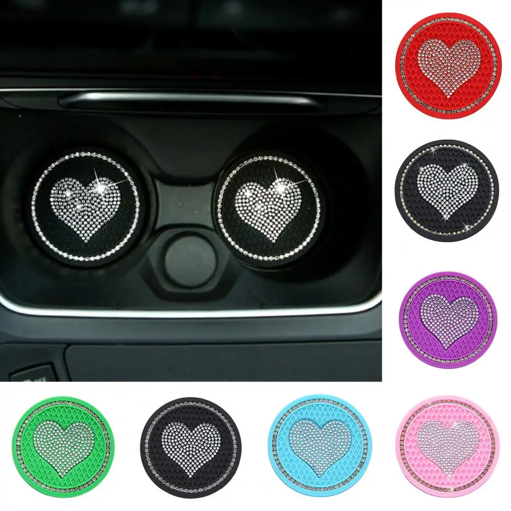 

Car Cup Coaster Round Water Bottle Silicone Coaster Heart Shape Rhinestone Decor Cup Holder Anti-slip Hear-resistant PVC Cup Mat