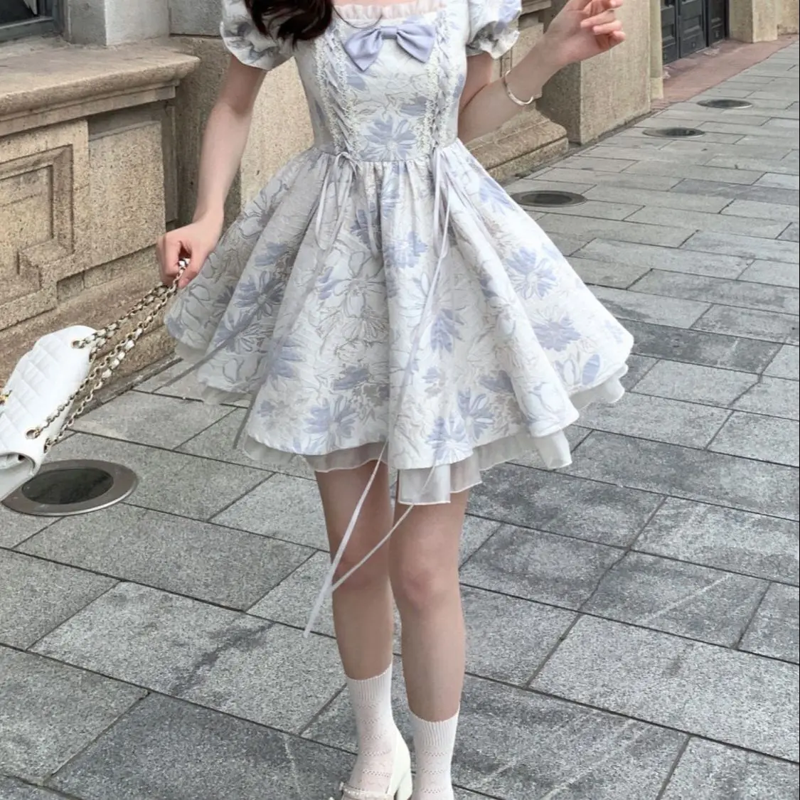 

Lace Bow Square Neck Jacquard Short Dress Spring Style Simple Sexy Sweet Fresh