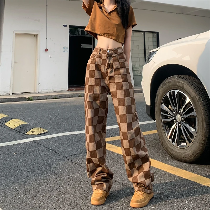

Retro Checkerboard Color Matching Straight Loose Jeans Women's High Waist Drape Mopping All-match Casual Pants