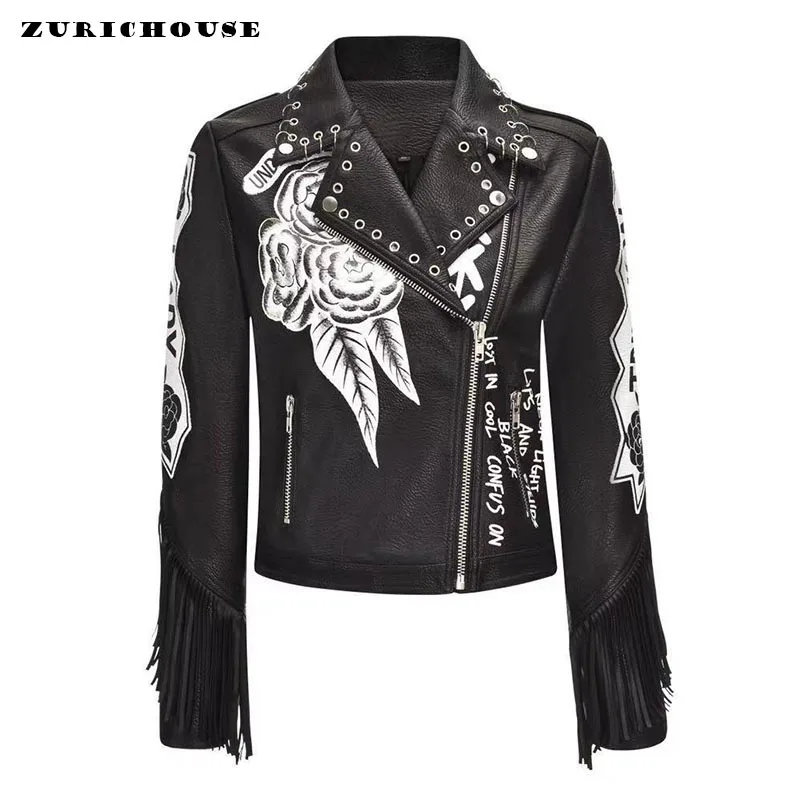 ZURICHOUSE Stylish Graffiti Print PU Leather Tassel Jacket Women Slim Short Streetwear Motorcycle Leather Jacket Femme