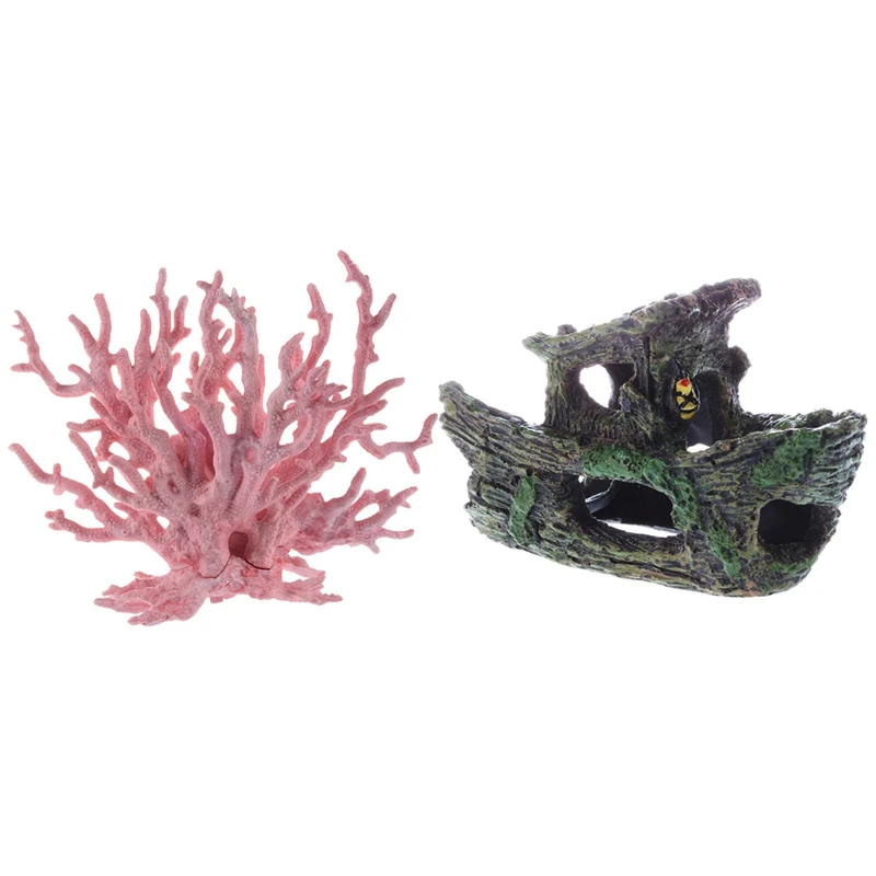 

2 Pcs Aquarium Decoration: 1 Pcs Pink Coral Shaped Decoration Ornament & 1 Pcs Rock Grotto Cave Fish Tank 88 X 150Mm