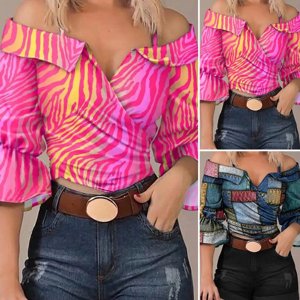 

Шикарная рубашка с оборками и длинным рукавом, блуза, весенний женский Элегантный Приталенный пуловер с открытыми плечами на бретельках с принтом, топы