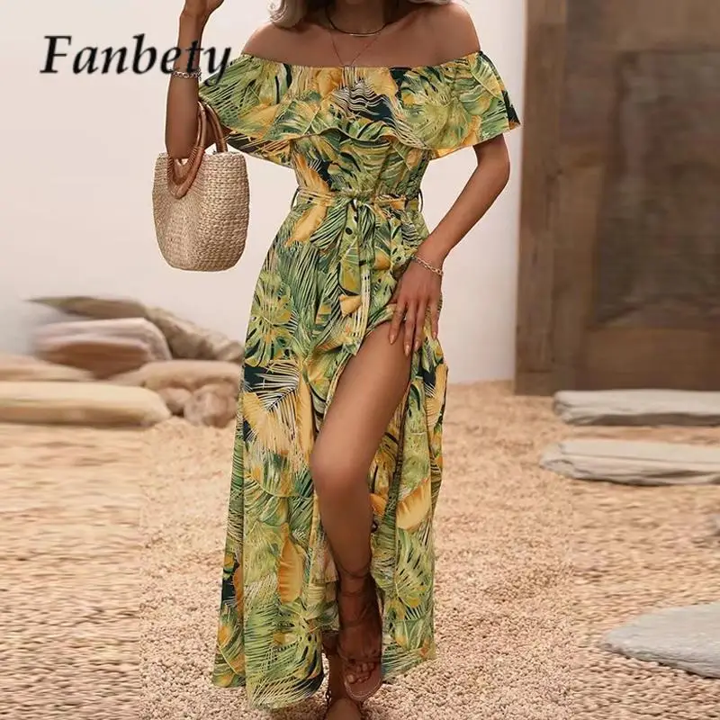 

Sexy Pleated Ruffle Off Shoulder Long Dress 2023 Summer Women's Dress Fashion Ladies Floral Print Waisted Lace-up Elegant Dress