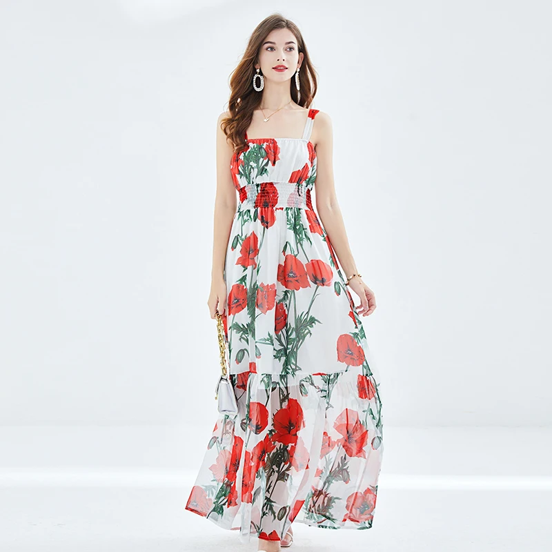 

Женское модельное длинное платье в стиле бохо, шифоновое платье макси без рукавов с цветочным принтом и высокой талией и квадратным воротником для отдыха, лето