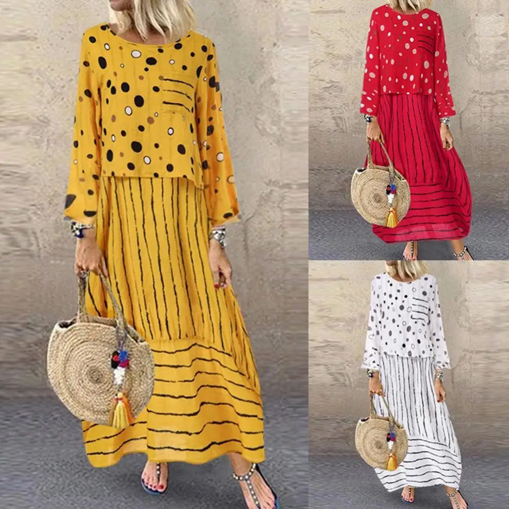 

Hot Sales Women Long Sleeve Polka Dot Print Large Hem Fake Two Piece Loose Maxi Dress