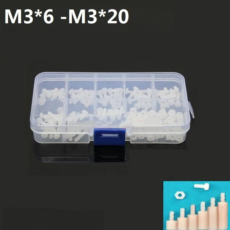

180pcs/set White M3 Nylon Hex Thread Standoff Spacers Screws Hex Nuts Hex Spacers Male-Female Size M3*6 to M3*20 CK-WT03180