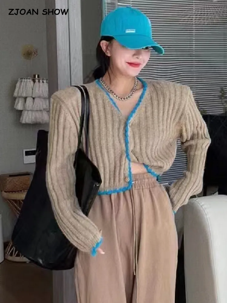 

2022 Autumn Retro Contrast Color V neck Rib Knitted Cropped Cardigan Woman Center Button Full Sleeve Sweater Knitwear 3 colors