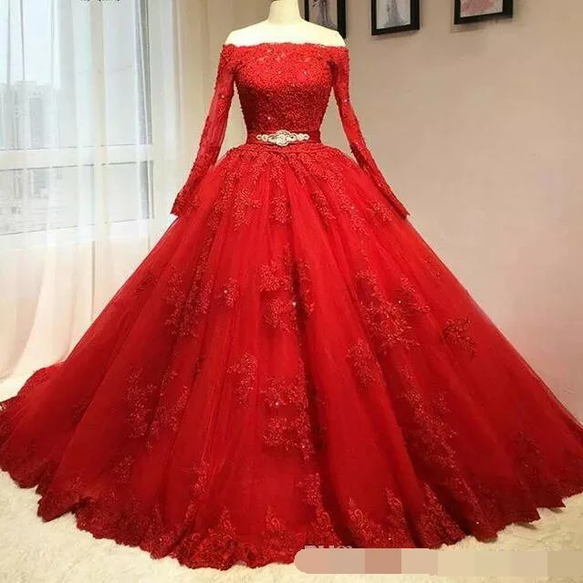 

Женское бальное платье с открытыми плечами, красное кружевное платье с длинными рукавами и аппликацией, для выпускного вечера, 16