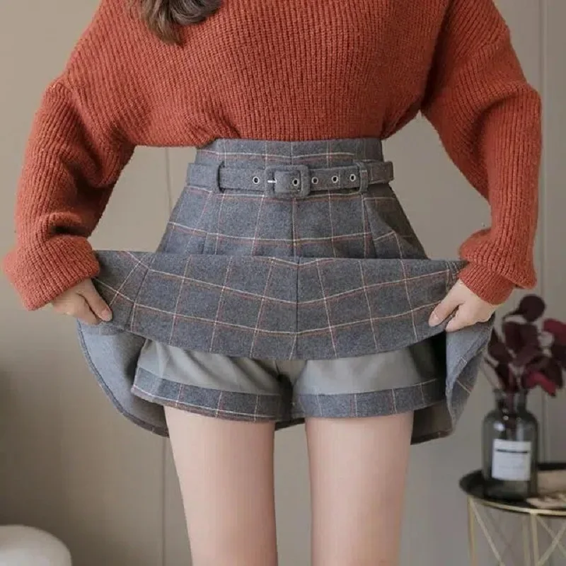 Korean style plaid skirt shorts A-line high waisted mini skirts for women kawaii autumn winter wool short skirts with belt