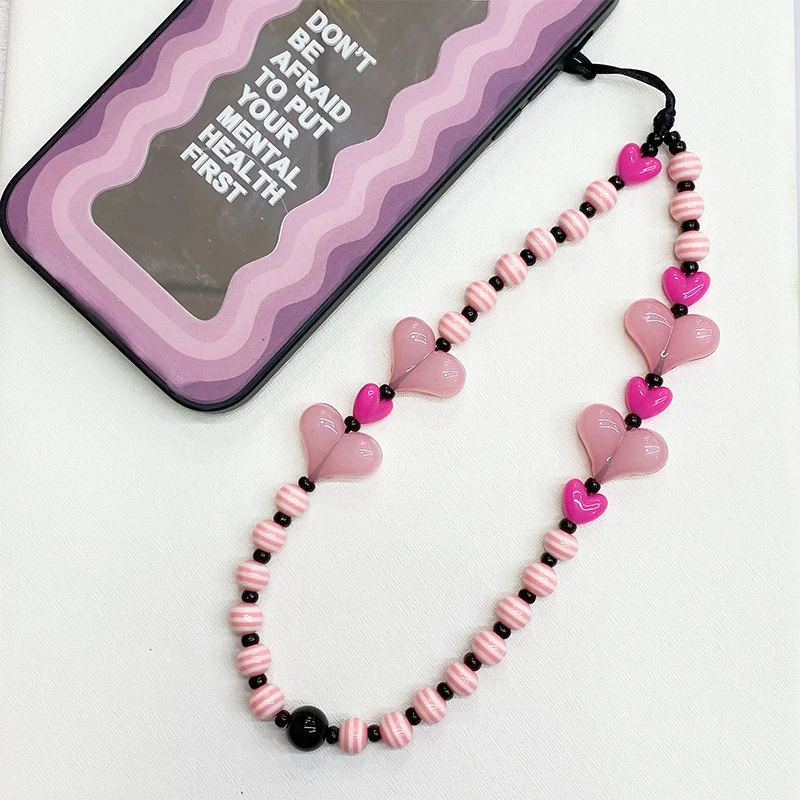 

Acrylic Heart Phone Strap Women Wristlet Chain for Phone Case Colorful Striped Beaded Handy Lanyard Phone Charms Accessories
