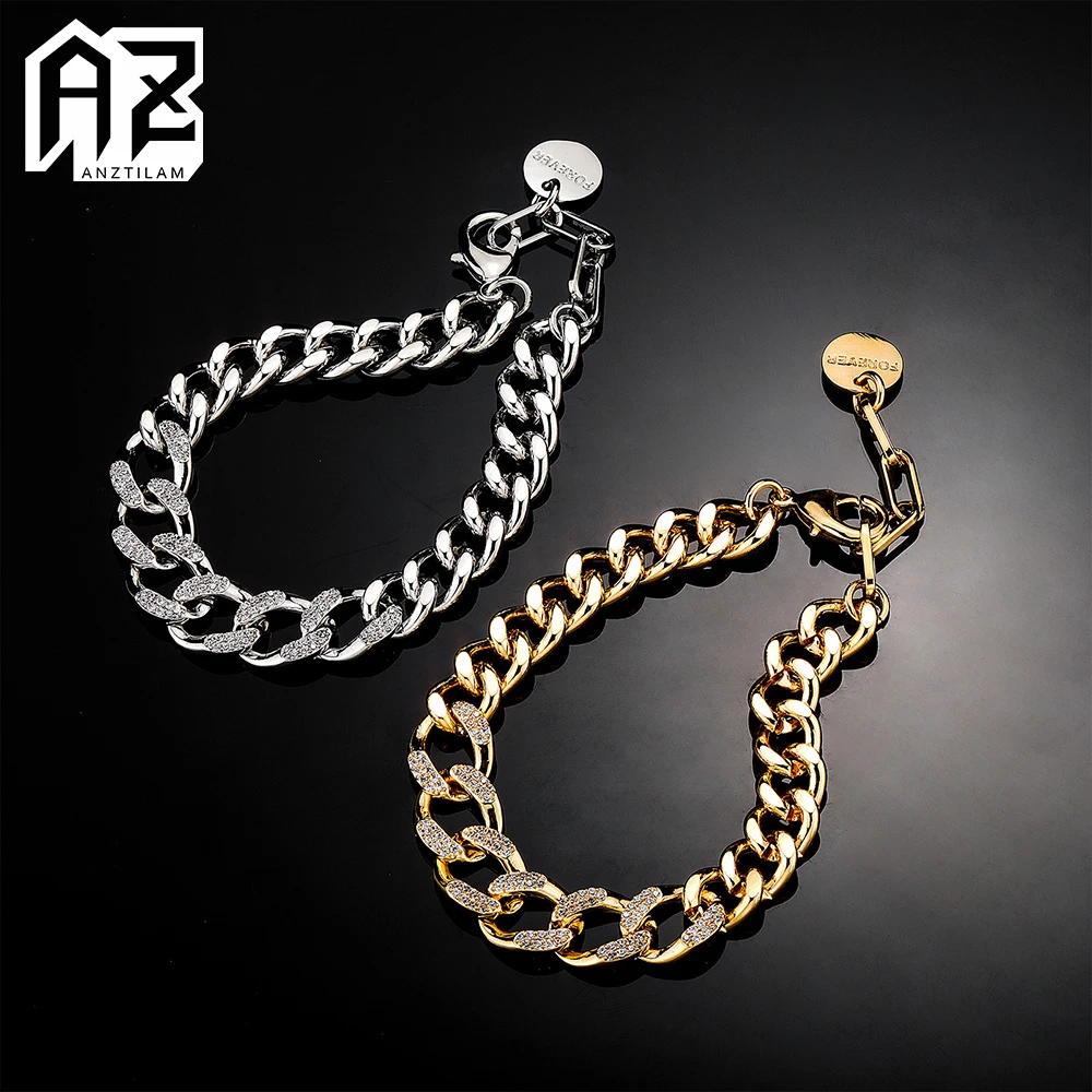 

AZ Half Zircon Cuban Chain Bracelet Iced Out Miami Chain Link Bracelet for Men Women Hip Hop Zircon Goth Hand Chain Free Ship