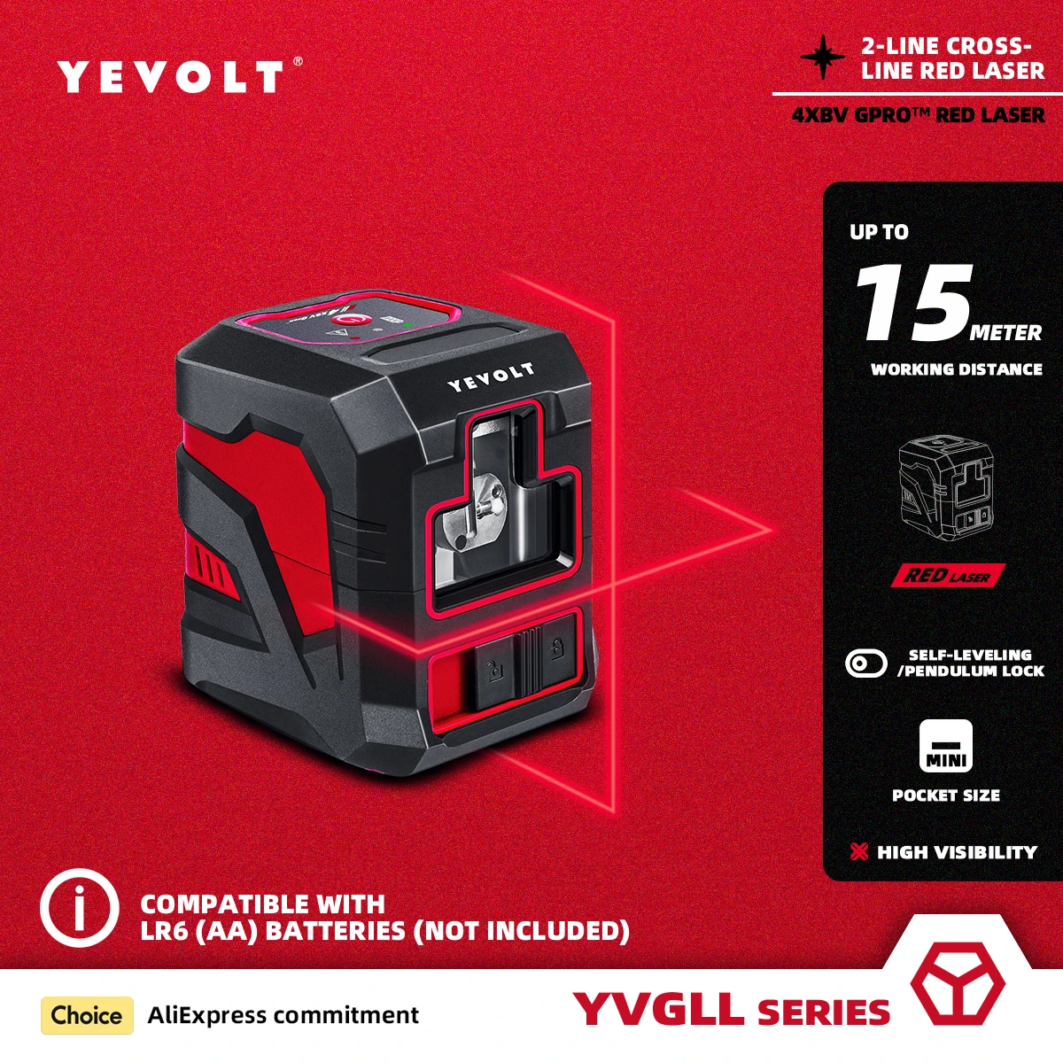 Красный лазерный уровень YEVOLT серии YVRLL4XS2 2 линии самонивелирующийся Портативный