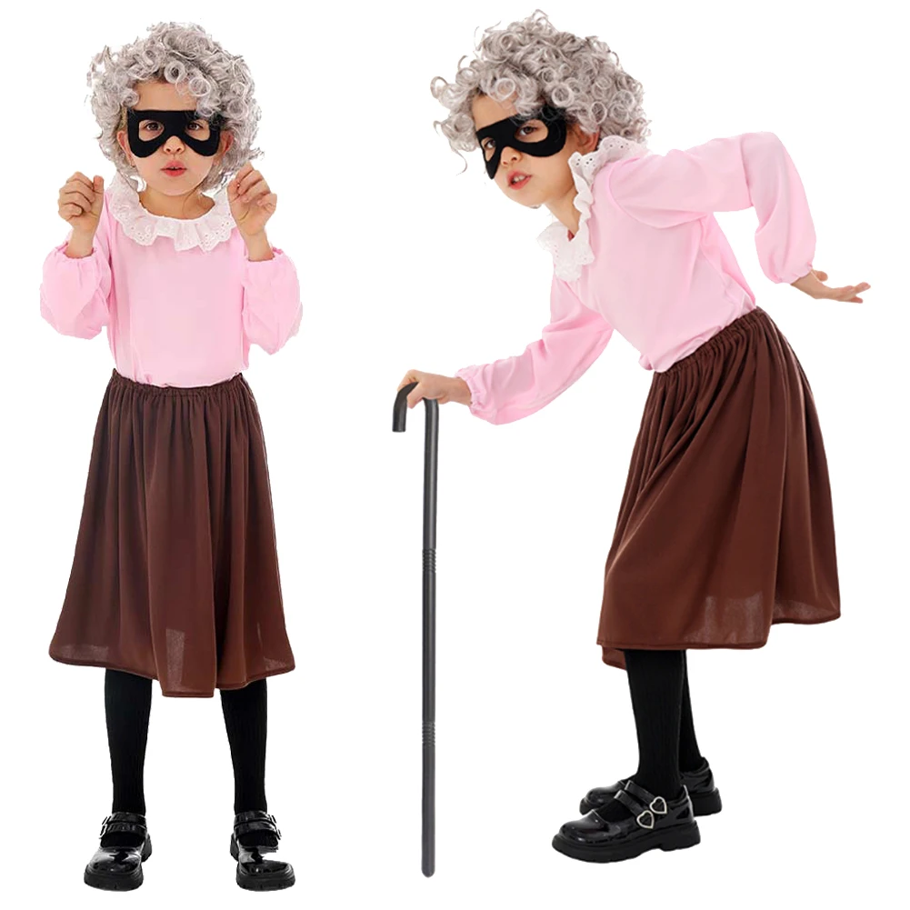 Уор Бабушка Косплей Фэнтези Девушки Маска для глаз Трость Одежда Парики
