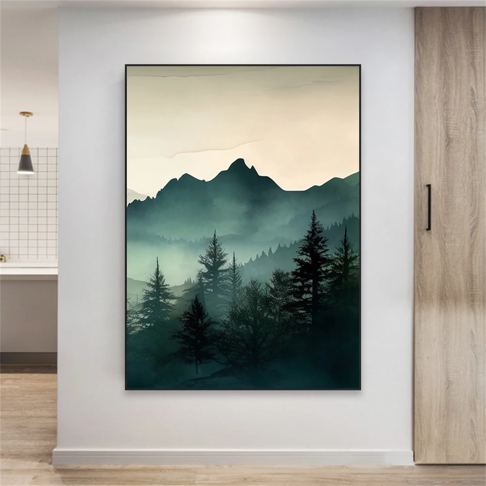 Абстрактный природный пейзаж Постер шалфей Зеленая гора путешествия принты