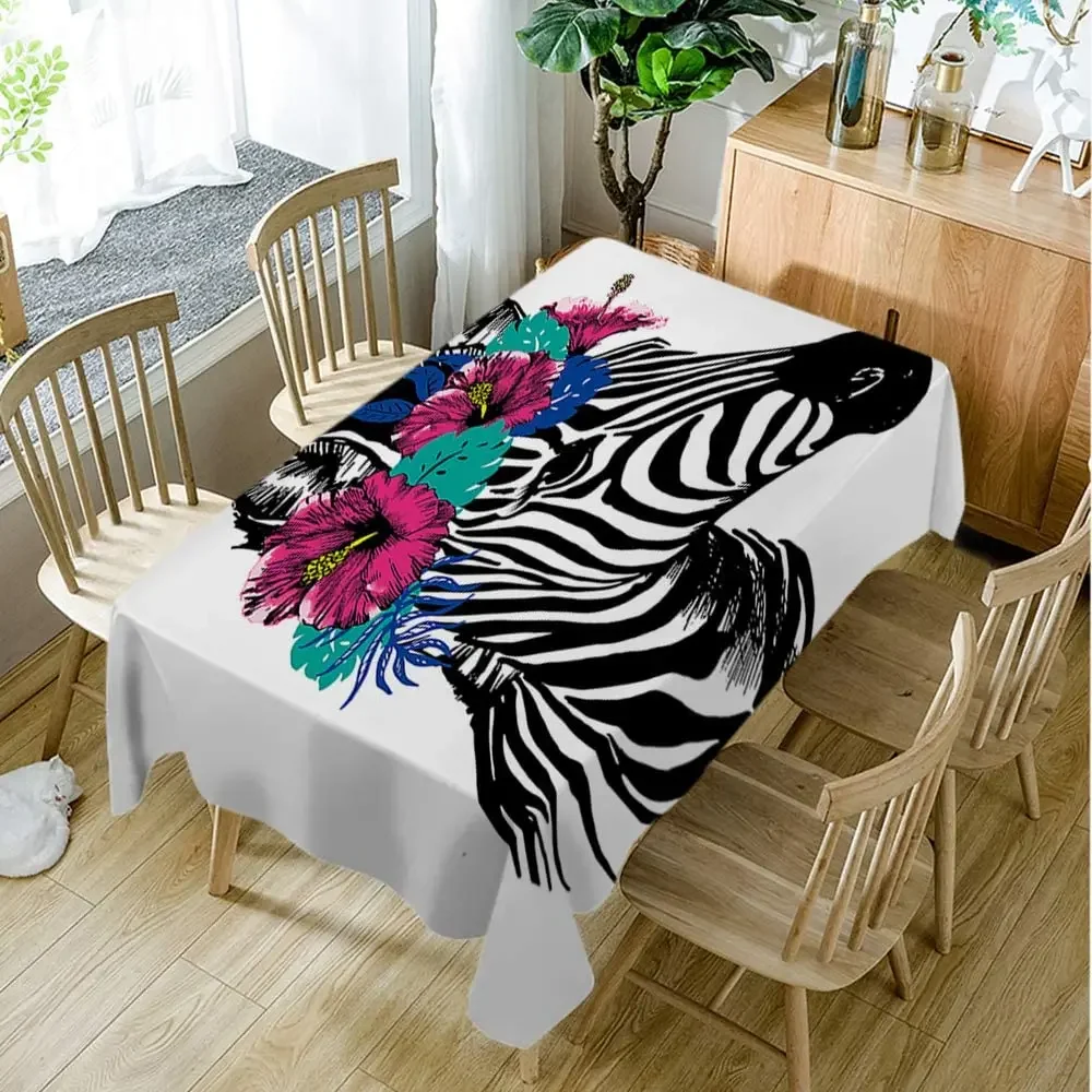 Zebra with скатерть с цветами Spring Hibiscus Смешные Африканские животные абстрактное