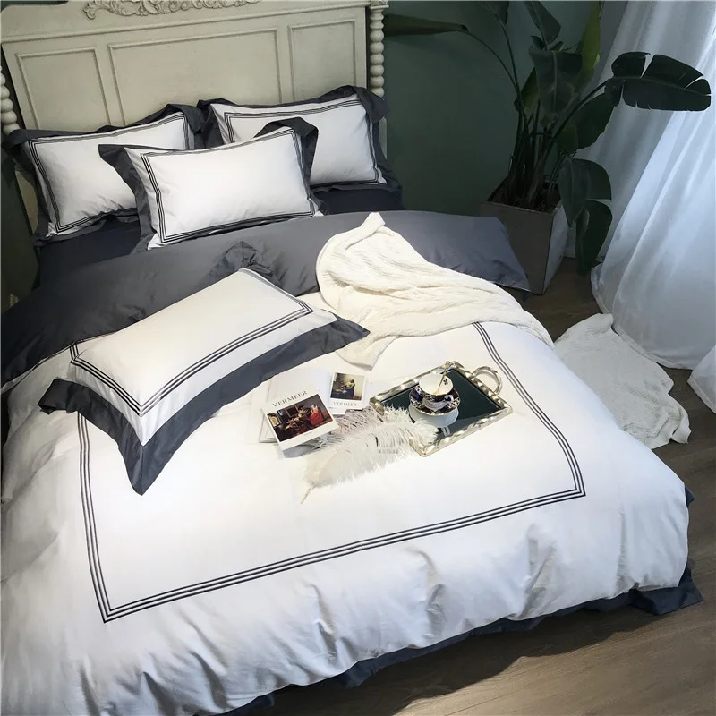 

White gray Egyptian cotton Duvet Cover sheet Set Embroidery 4pcs Queen/King Size set hotel Bedding Sets parure de lit