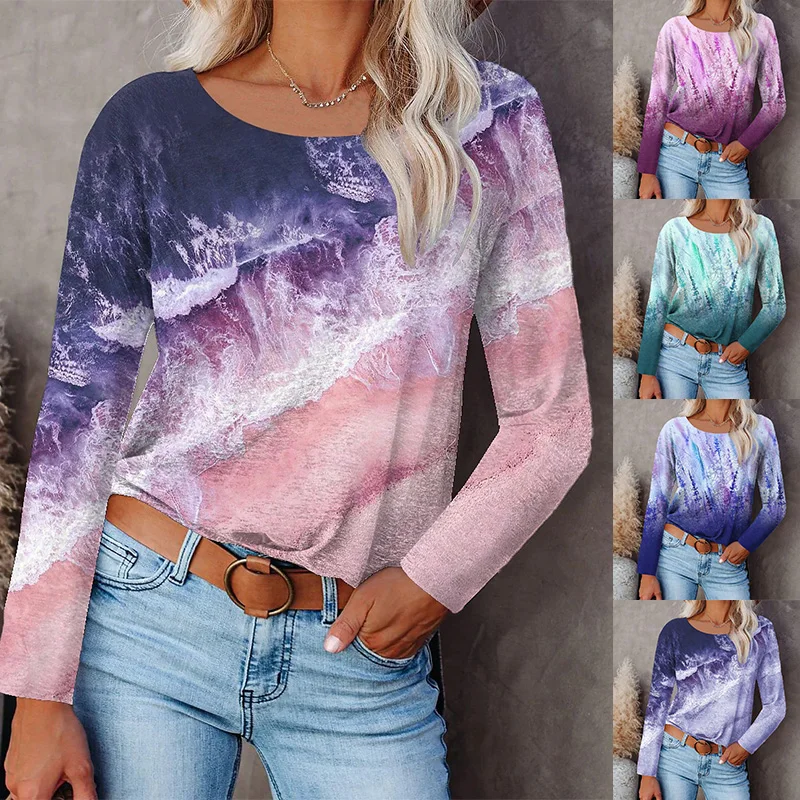 

Женские свободные топы с градиентным принтом, повседневные модные футболки с длинным рукавом и круглым вырезом, новые футболки, осень/зима ...