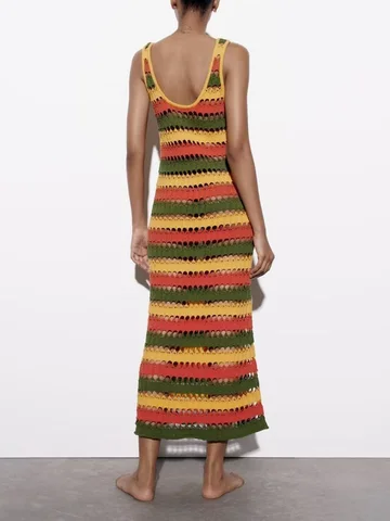 New women's spring and summer fashion sweet sleeveless sexy street all-match party party hollow striped knitted dress