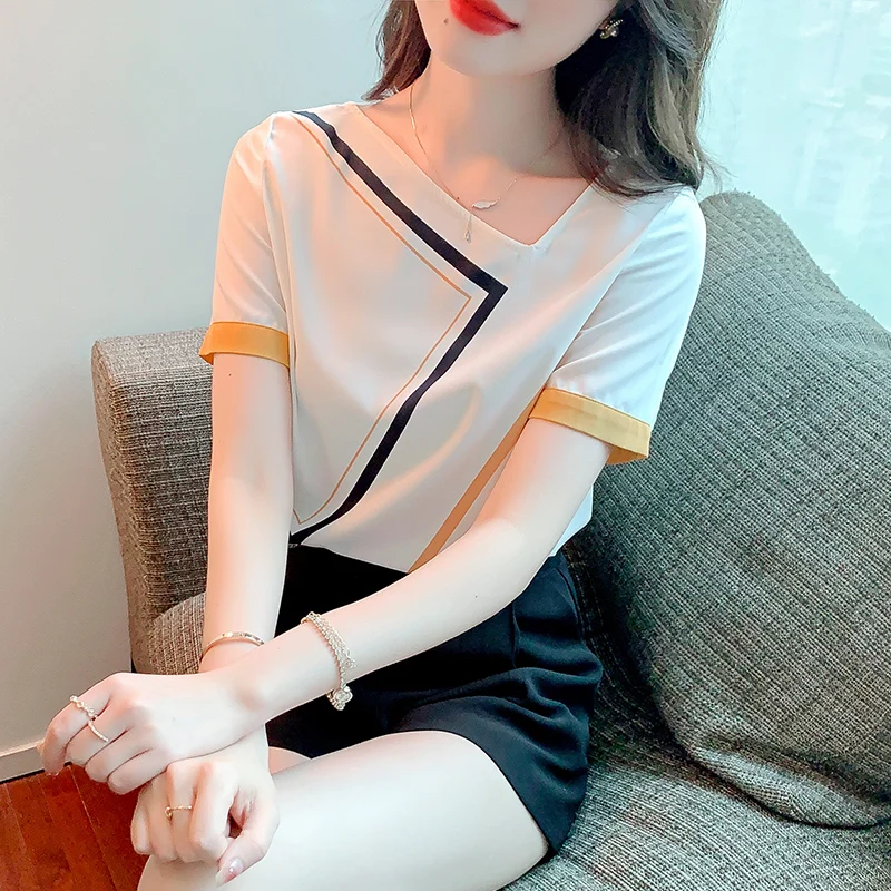 

Шифоновая женская блузка с принтом, свободная повседневная рубашка большого размера, летний элегантный топ с коротким рукавом, модная женс...