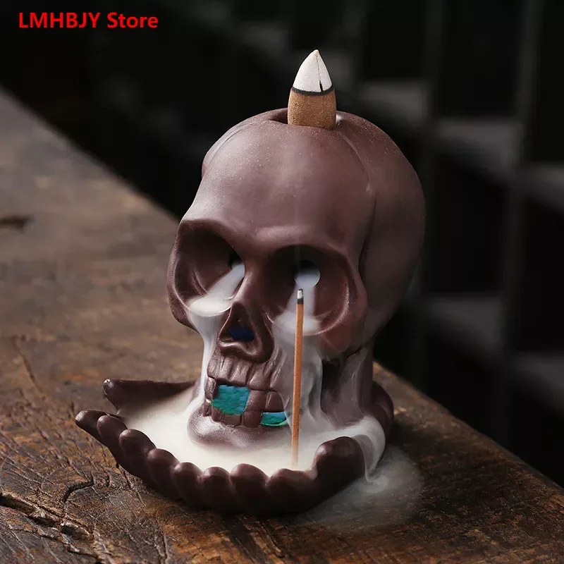 

New Purple Sand Halloween Backflow Incense Burner Decorations Creative Skull Head Backflow Incense Burner LED Lamp Ornaments