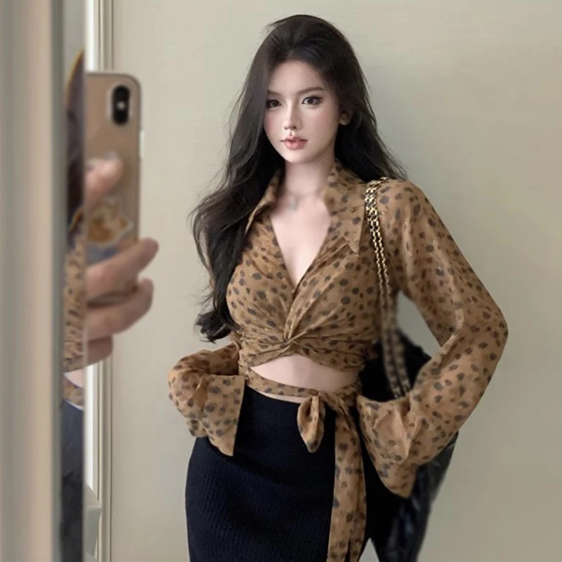 Женская Приталенная Блузка С Леопардовым Принтом И Длинным Рукавом V-образным