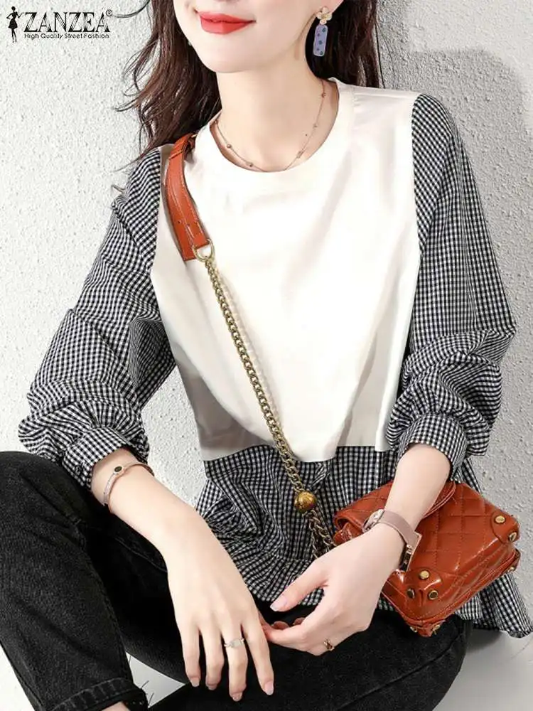 

ZANZEA Vintage 2022 Spring Checked Printed Blouse Women Casual Long Sleeve Patchwork Shirt Grid Holiday Chemise Plaid Tunic Tops