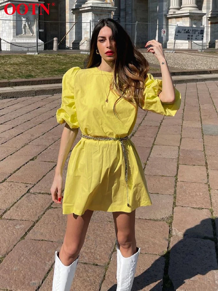 

Женское хлопковый фонарь OOTN, летнее Повседневное платье свободного покроя с круглым вырезом, ТРАПЕЦИЕВИДНОЕ однотонное мини-платье с высок...