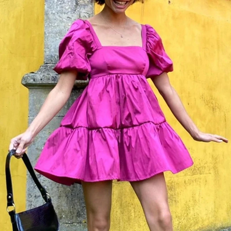 

90s Vintage Women Suqare Collar Puff Sleeve A-line Dress Elegant Lady Backless Tie-up Mini Dress for Birthday Party Night Club