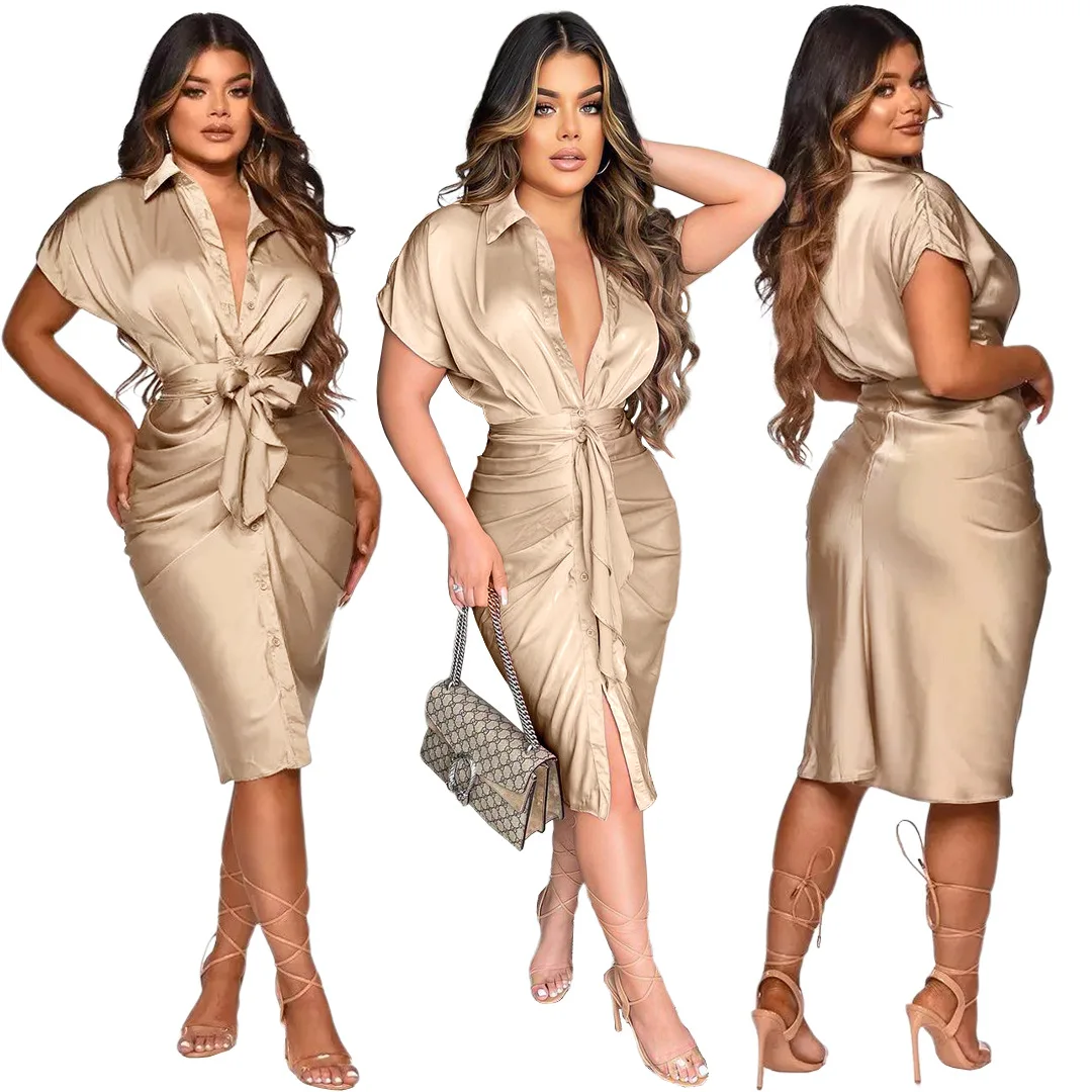 

Fashion Reflective Silk Pleated Lace-up Shirt Dress Women Solid Color Slim Bodycon Dress Vestidos De Mujer