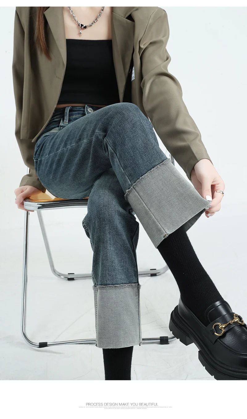 2023 Black Rolled-up Straight Jeans Women's High Waist Spring New Style Slim Cropped Pipe Pants Trendy Baggy STRAIGHT Fleece