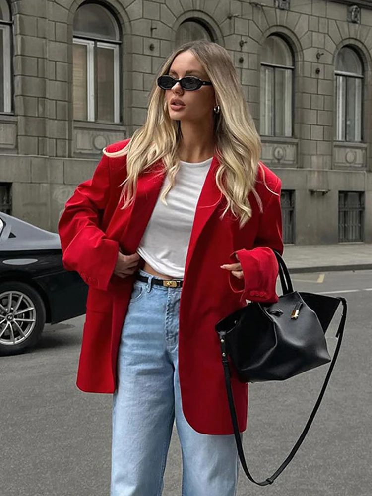 Красный блейзер женские свободные модные городские куртки с лацканами и