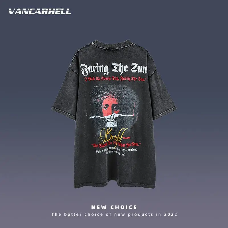 

2022 American-style Dark Wind Spoof Portrait Print Short-sleeved T-shirt Men/ Women Oversize Loose Wash Water To Make Old Tops