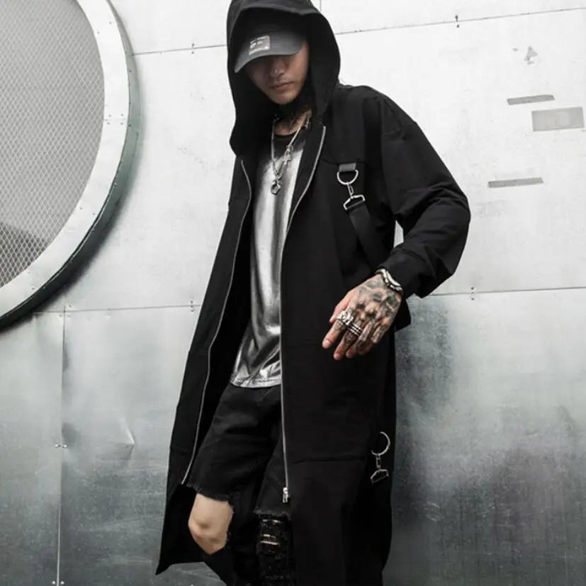 

Hop Hip Hooded Long Cloak Men Black Punk Trench Techwear Patchwork Zipper Spring Coat Overcoat Men Jacket Autumn Ribbons Long