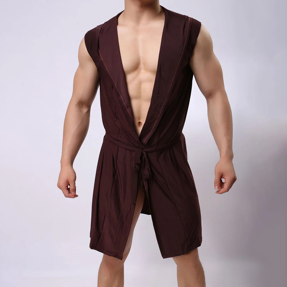 Mens Robes Hooded Summer Bathrobe Male Sleeveless Bath Robe Sexy Mens Dressing Gown Bathrobes Nightgowns Pijama Hombre Sleepwear