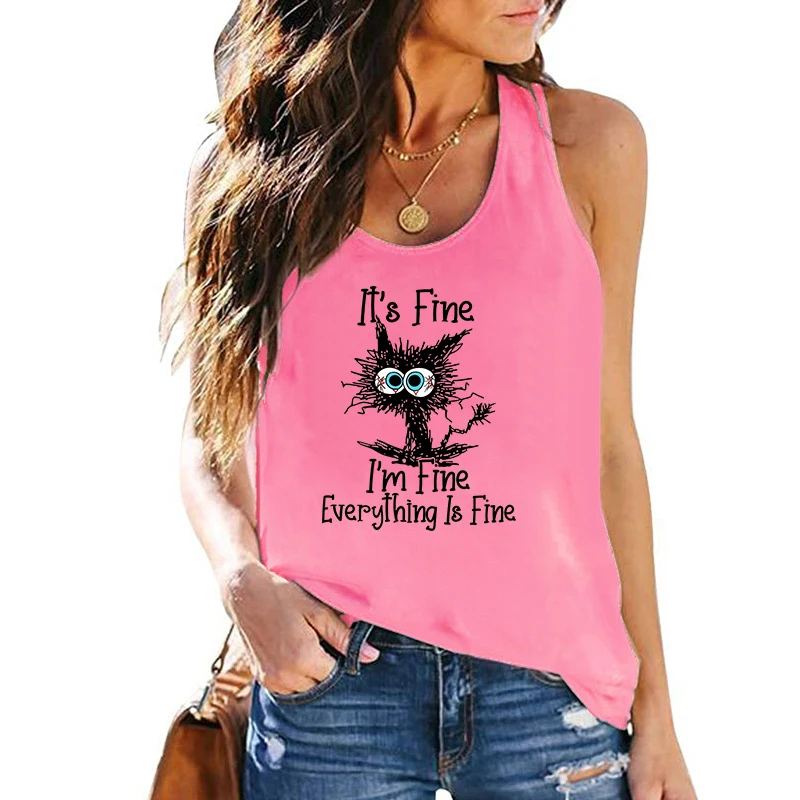 Summer Casual Fashion Women Graphic Sleeveless Vests Black Cat Letter Print Female Vintage Streetwear Waistcoat Ladies Tank Tops |