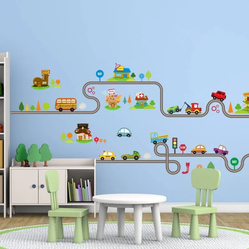 

New Cartoon Car Road House Wall Stickers Kids Room Bedroom Kindergarten Decorative Painting Wall Background Decoration Poster