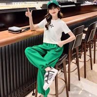 2022 summer teens kids tracksuit girls clothes jersey four leaf t shirt solid red green long loose ankle tied pants 13 years