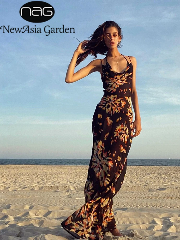 

NewAsia Sexy Long Dress Women Backless Lace Up Beach Party Dresses Summer Resort Style Fireworks Print Elegant Maxi Dress 2020