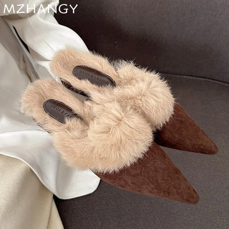 Женские хлопковые тапочки на меху массивные замшевые туфли с острым носком