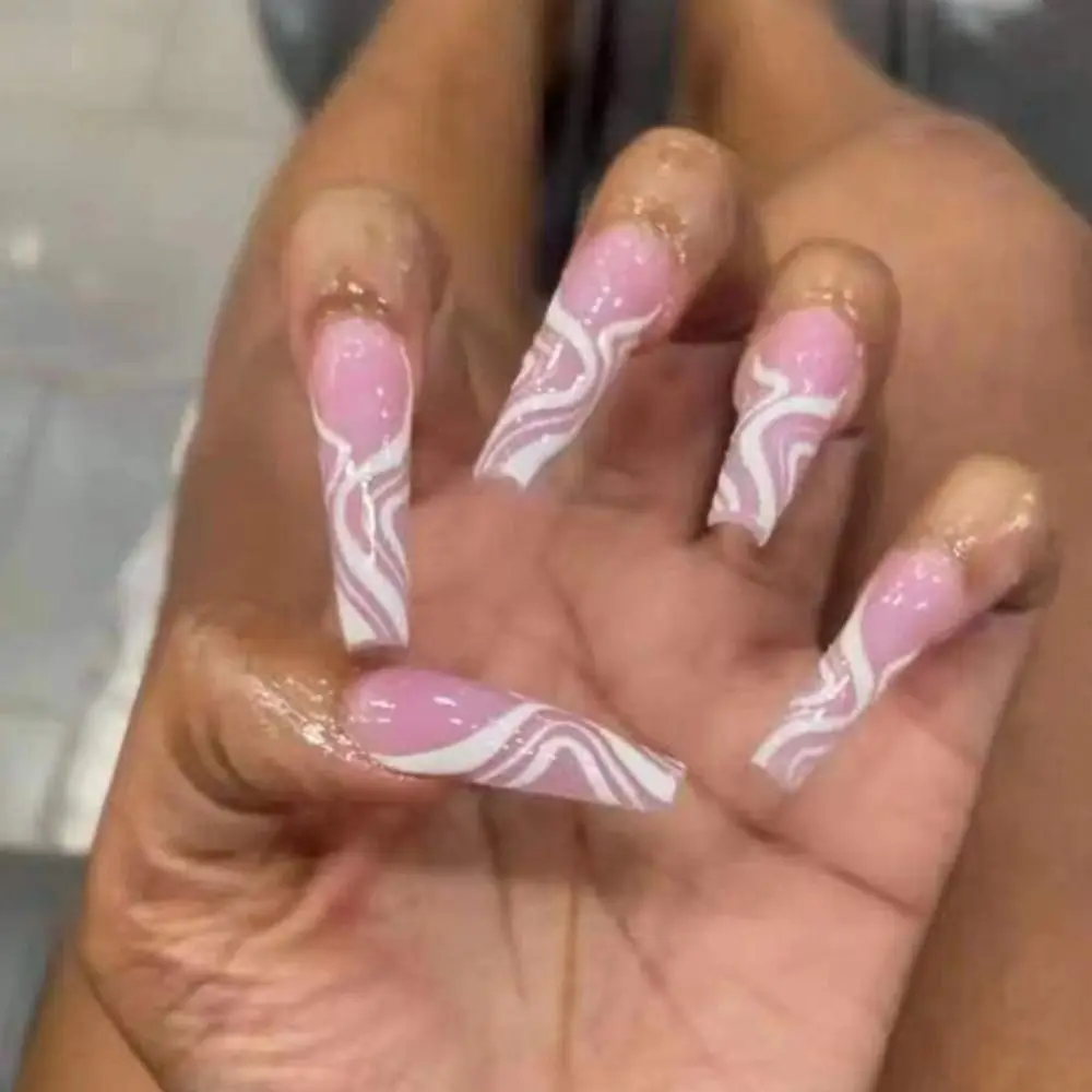 

24pcs Nail Tips Full Cover Crystal DIY Ripple Fake Nails Short French Speckle Ballerina