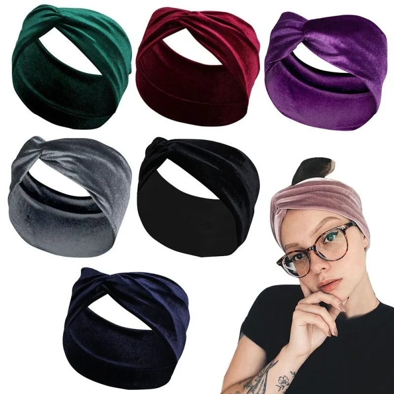 

Solid Color Gold Velvet Headband Elastic Knotted Cross Wide Headband