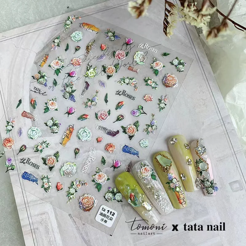 

Tomoni TA 111 высококачественные тисненые наклейки для ногтей клейкая картина маслом цветочный дизайн DIY наклейки для ногтей украшения