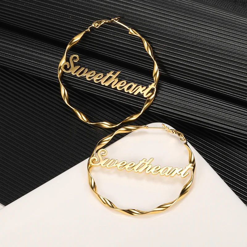 

Stainless Steel Customized Name Big Twisted Hoop Earrings Jewelry Personalized Nameplate Round Spriled Earrings For Women Gifts