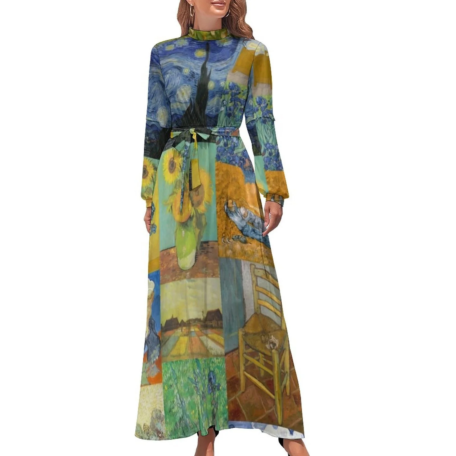 

2023 Collage Dress Sunflowers Print Korean Fashion Beach Dresses Female Long-Sleeve High Waist Vintage Long Maxi Dress