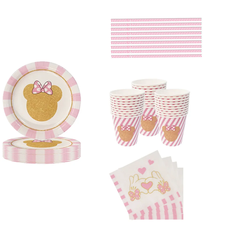 

65pcs/Disney Minnie Mouse Party Girl Birthday Party Supplies Set Cups Plates Straw Disposable tableware Party Decorations Set