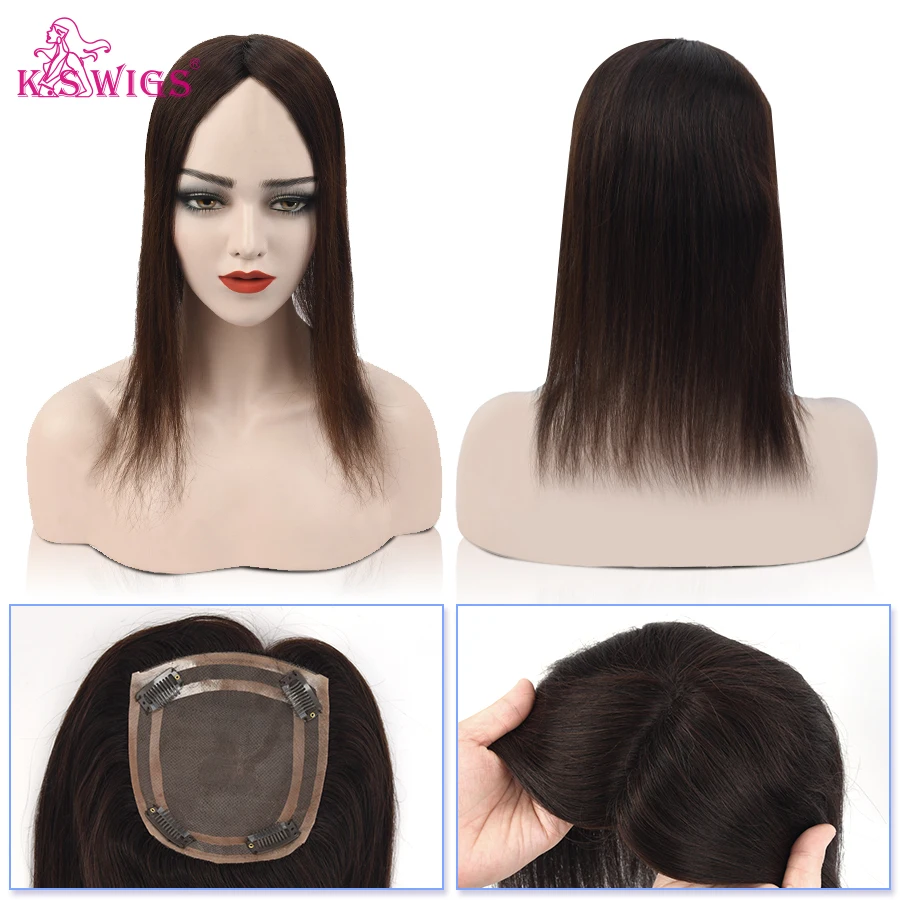 K.S WIGS 14inch 12.5*15cm Straight Topper Wigs 150% Density Mono Base Remy Human Hair Toupee Clip In Hairpieces For Women