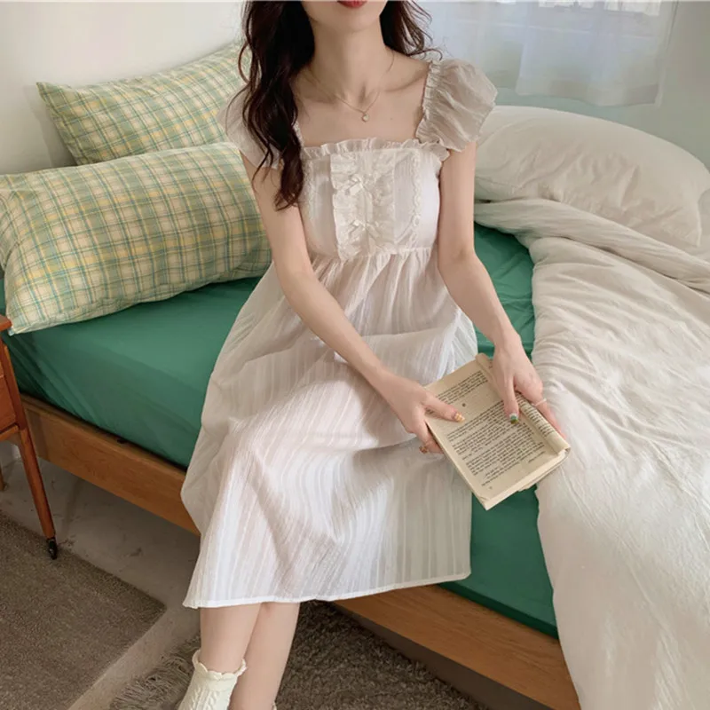 

Женская ночная сорочка в дворцовом стиле Fdfklak, весна-лето 2022, ночные рубашки, милая длинная ночная рубашка, сетчатая Домашняя одежда принцессы из модала