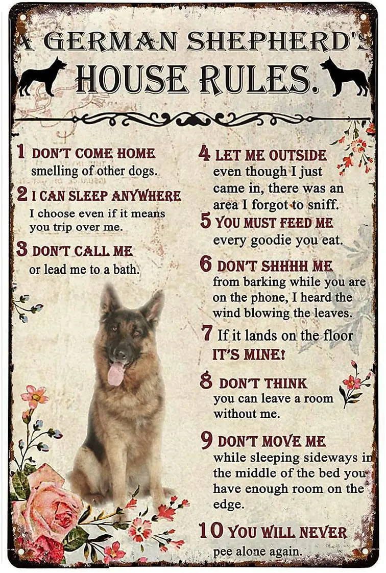 

Funny Metal Tin Sign A German Shepherd's House Rules Vintage Metal Shop Sign for Home & Garage Wall Decoration